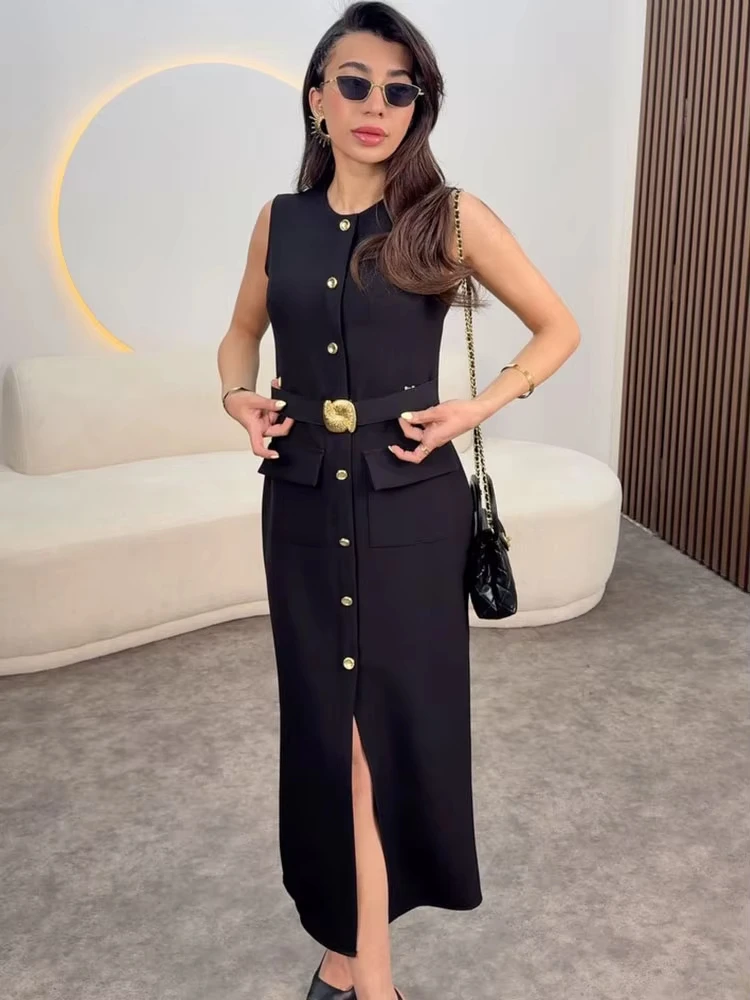 HH Women Fashion Belt Midi Dress O Neck Single Breasted Sleeveless Dresses Front Slit Summer Casual Maternity Outfit Dress