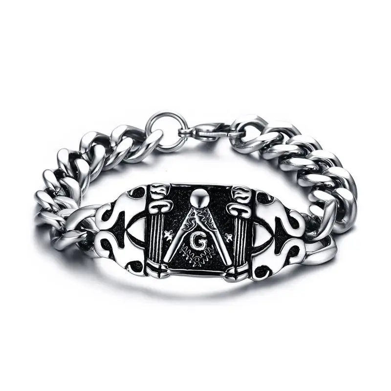Men's Free Mason Freemasonry Stainless Steel Cuban Link Chain Masonic Bracelet