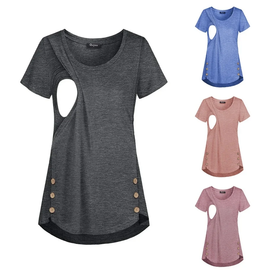 Maternity Nursing Tee Shirt Top Summer Casual Pregnant T Shirt Comfy Breathable Pregnancy Breastfeeding Blouse Breast Feeding