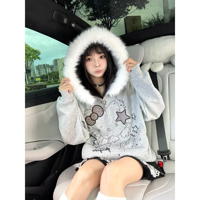 Hello Kitty Graffiti Women'S Hooded Jacket Cartoon Cardigan