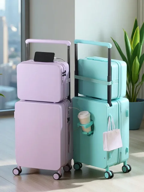 Ensemble de bagages 20+14"24+14" avec USB et porte-gobelet TSA Lock 360 °   Roues crochet de pied sur pied valise PC + ABS étui de voyage pliable 1
