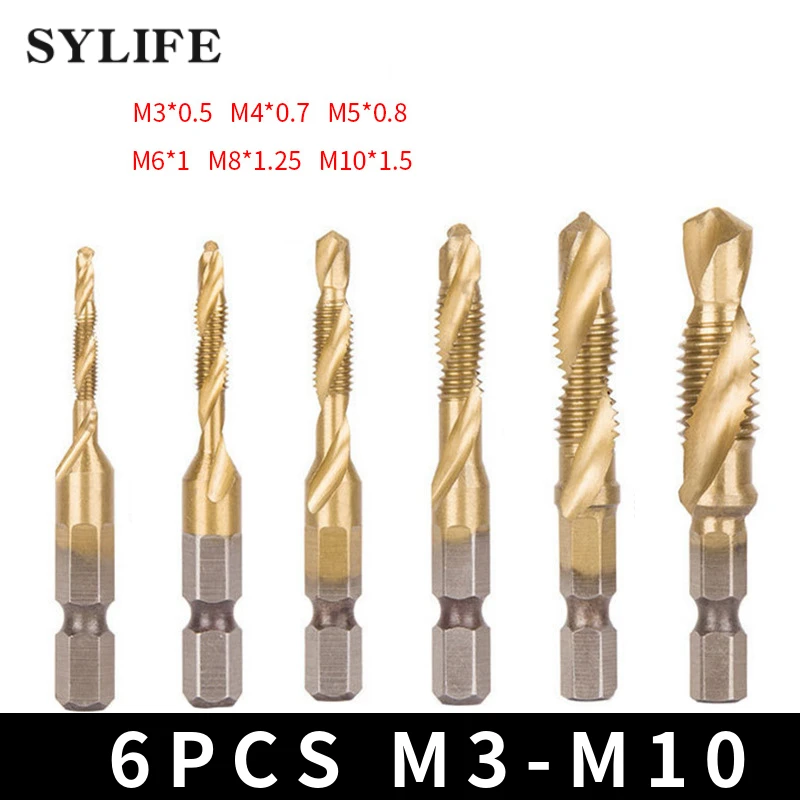 5pcs hex shank woodworking screw reamer hss countersink drill cone bit set quick change hex shank screw 6Pcs M3 M4 M5 M6 M8 M10 Tap Drill Bit Set Hex Shank Titanium Plated HSS Screw Thread Bit Screw Machine Compound Tap  Hand Tools