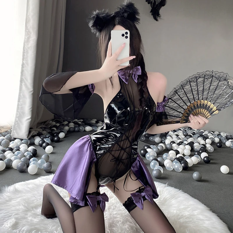 Genshin Impact Fischl Cosplay Sexy Maid Dress Nightwear Lolita Girls Backless Halter Latex Leather Bodysuit Lingerie Set