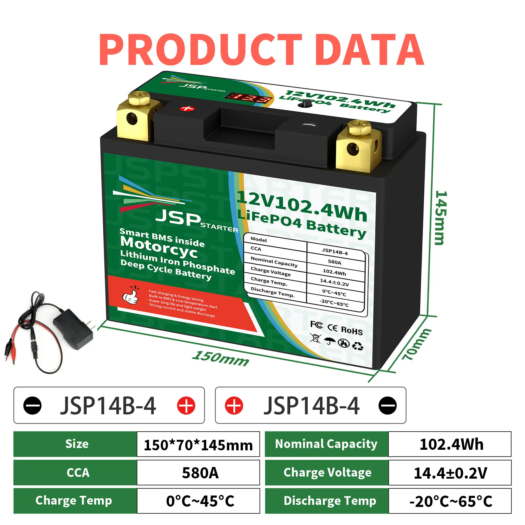 

JSP14B-4 12.8V 102.4Wh CCA 580A BMS Motorcycle Start Battery 12.8V Lithium iron Phosphate Scooter LiFePO4 Batteries YTX14B-4