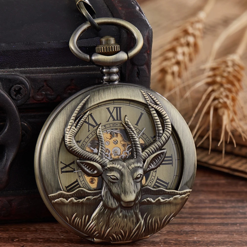 Animal Goat Mechanical Pocket Watch Male Gold Steampunk Skeleton Luxury Engrave Fob Chain Clock for Men reloj de madera Necklace