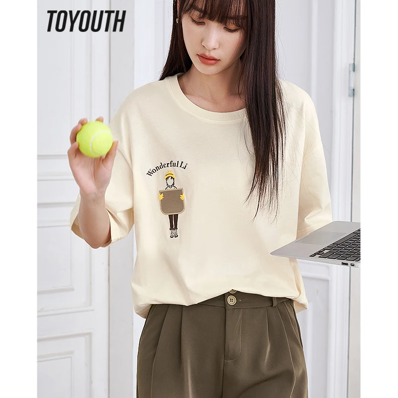 Toyouth Women T shirt 2023 Summer Short Sleeve O Neck Loose Tees Funny Embroidery Pure Cotton Casual All Match Tops