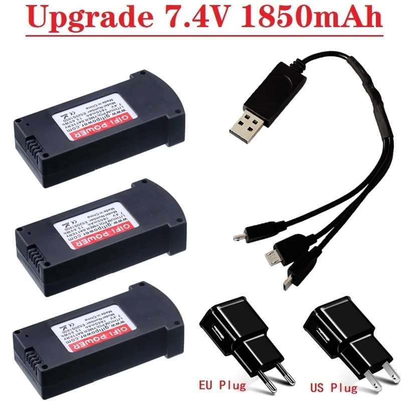 1200mAh Upgrade 1850MAH 7.4V Drones Battery and 3-in-1 Charger For RC E520 E520S JD-22S RC Quadcopter Spare Parts LiPo Battery