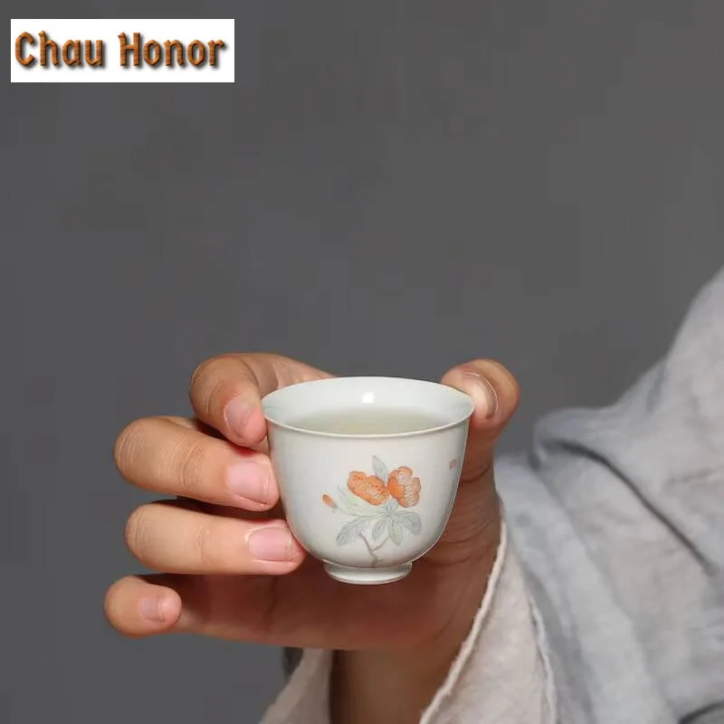 30ml Pure Hand-painted Hibiscus Teacup Tea Bowl Beautiful Tea Cup Tea-tasting Fragrance Cup Jianzhan Master Cups Tea Services