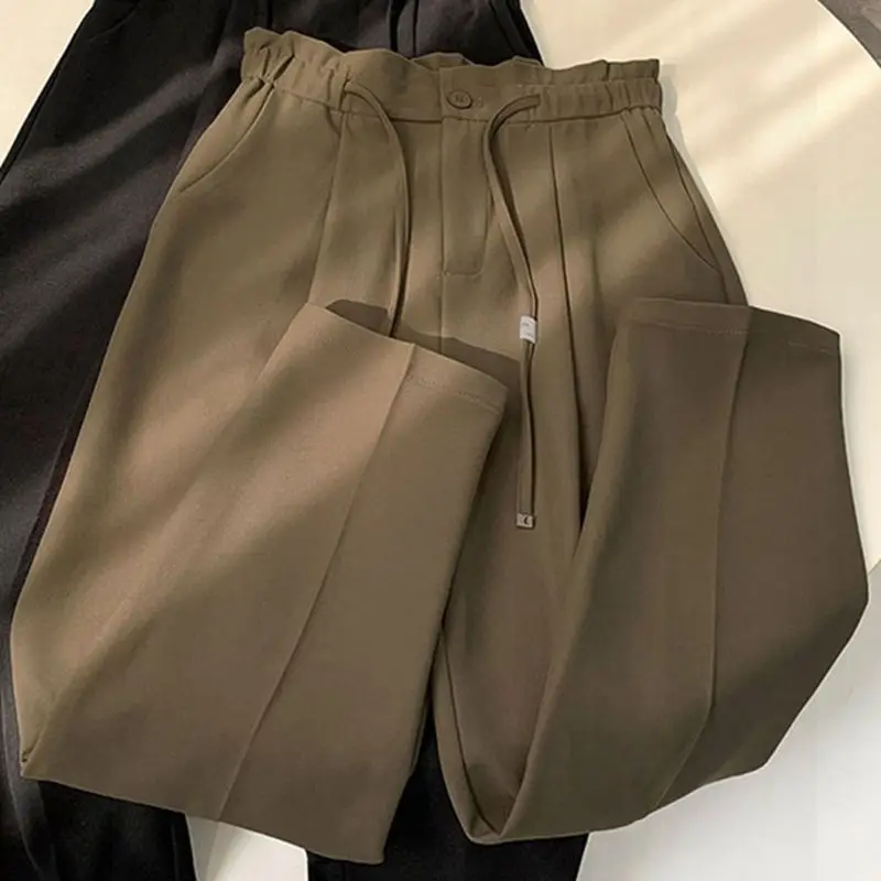 Spring Autumn New Solid Color Fashion Elastic Waist Wide Leg Trousers Women High Street Drawstring Pockets Elegant Straight Pant