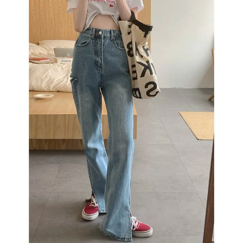 Women's Casual High Waist Straight Jeans Streetwear Casual Long Denim Pants Lady Chic Slit Denim Trousers Split Jeans Pants