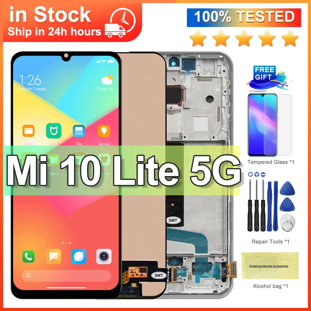 Pantalla Para Xiaomi Mi 10 Lite 5G Con Marco Plata/Blanca (Original Service Pack