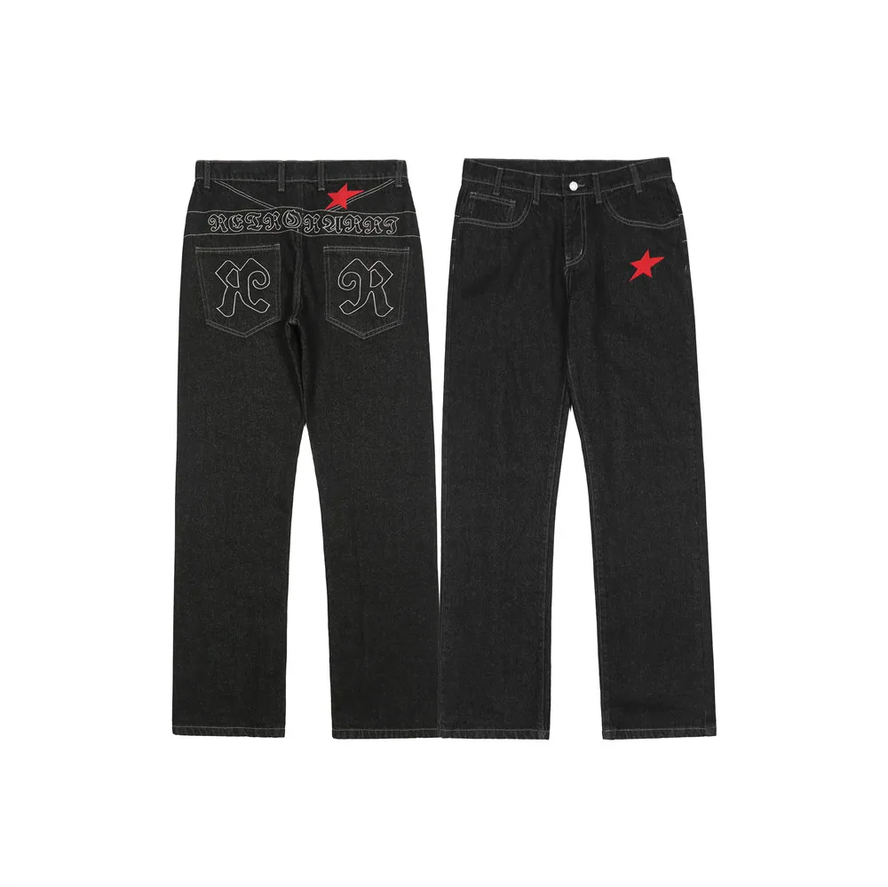 

New Letter Embroidery Retro Straight Jeans Y2K Casual Oversized Trousers Loose High Street Black Men Denim Pants Dropshipping