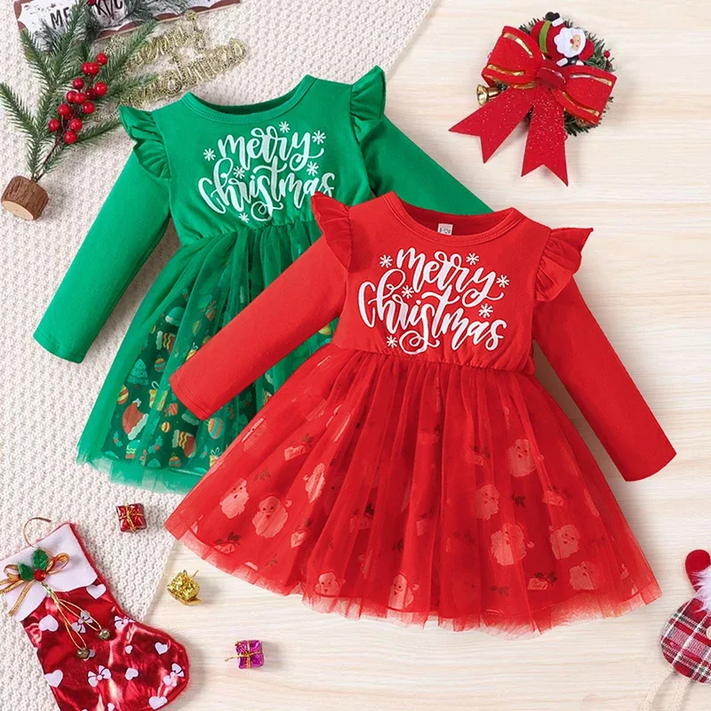 

Infant Baby Christmas Party Dress Tulle Dresses Santa Claus Print Princess Dress Autumn Clothing For Girls Xmas New Year Costume