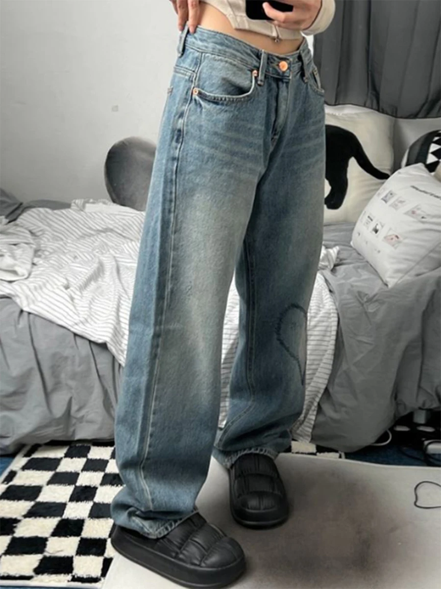 

Женские прямые джинсовые брюки, повседневные свободные синие брюки с карманами и пуговицами на талии