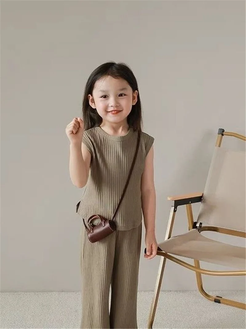Girls Clothing Sets Summer Fashion Sleeveless Suit Kids Cotton Tops+Pants 2Pcs Children Casual Solid Outfits 2-8 Years kids clothing set,girls clothing set