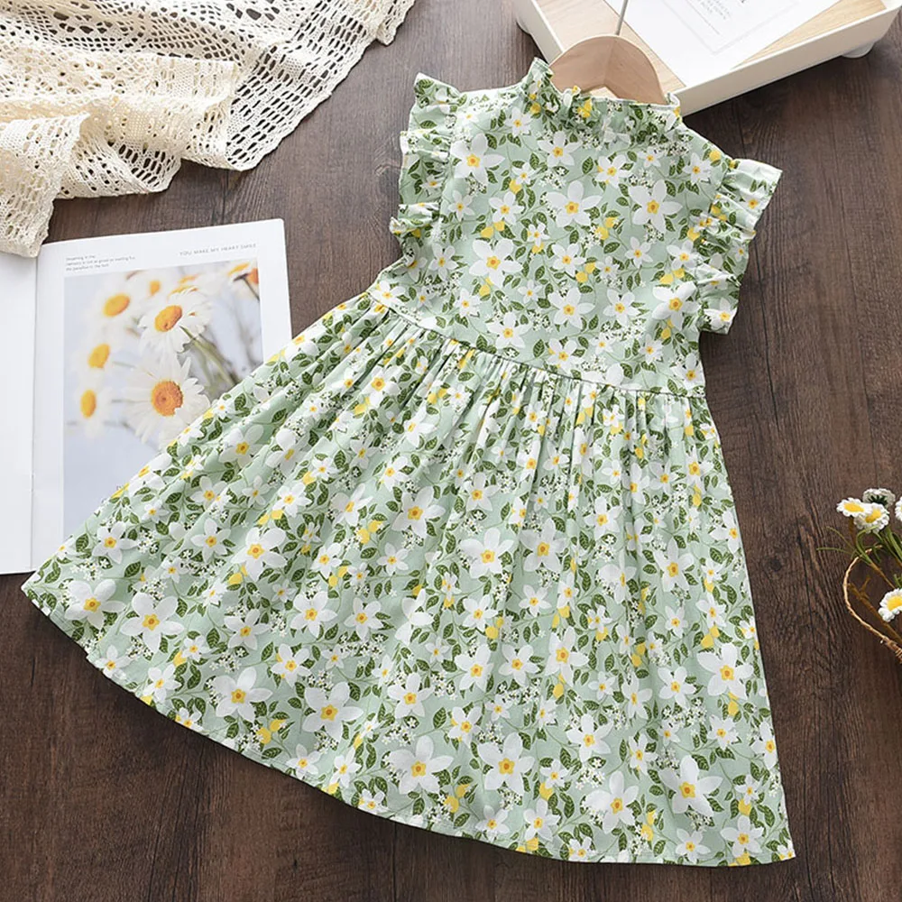 Menoea 2023 Summer Baby Girls Flower Dresses Fahion Style Flying Sleeves Floral Dress 2-6 Years Kids Casual Clothing Outfits