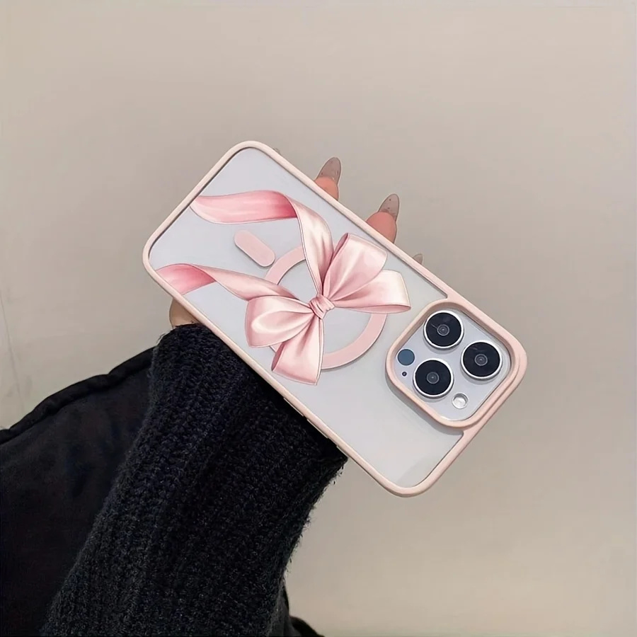 Pink Bow Pattern Magnetic Clear Wireless Charging Phone Case Cover