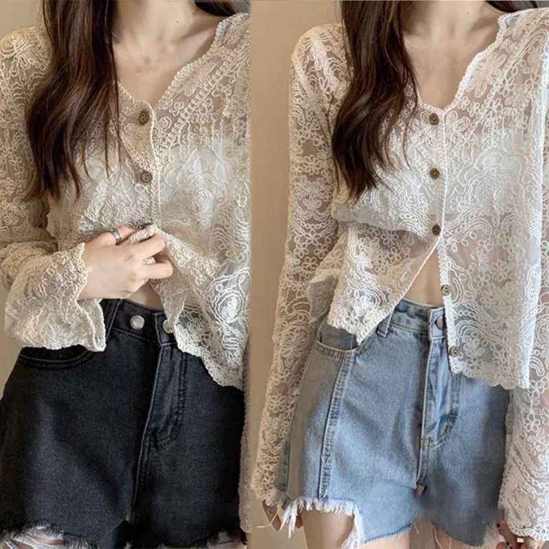 

Women Autumn Korean Lace Flare Long Sleeve Blouse V-Neck Button Down Cropped Cardigan Hollow Crochet Floral See Through Dropship