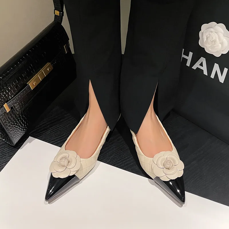 MKKHOU Fashion Women Shoes New High Quality Genuine Leather Pointed Camellia Mosaic Comfortable Flat Shoes Daily Light