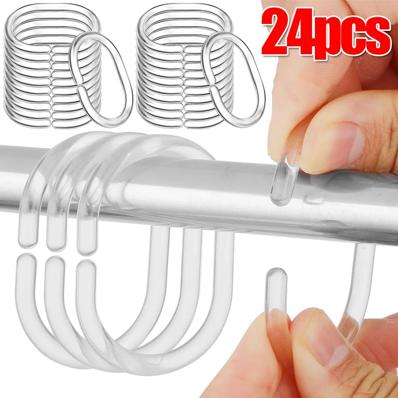 12/24PCS Clear Shower Curtain Rings Hooks C-shape Railing Hanger