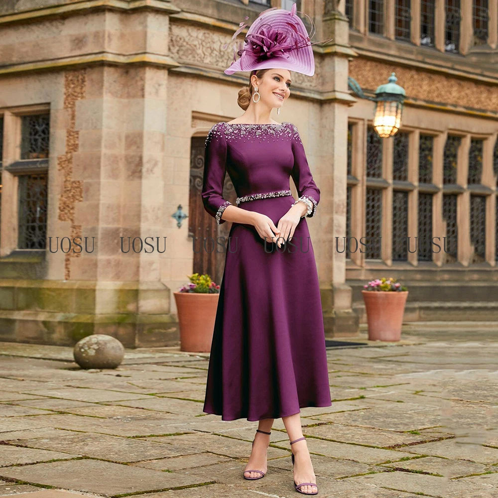 Mother bride dresses Short Mother of the Bride Dress A Line Boat Neck 3/4 Sleeves Elegant Wedding Guest Gowns Midi Beading Luxury Evening