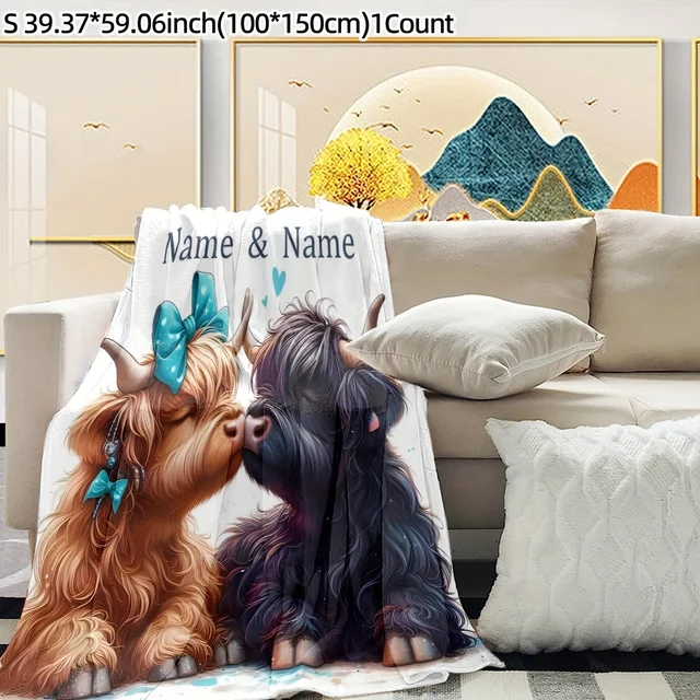 Customized name highland cow blanket personalized text, comfortable flannel blanket suitable for all seasons 2