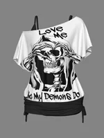 Women Plus Size Two Piece Suit Set Gothic Love Me Letter Skull Fashion One Shoulder Casual Print Set Top and Shorts Outfit 2025 - Image 2