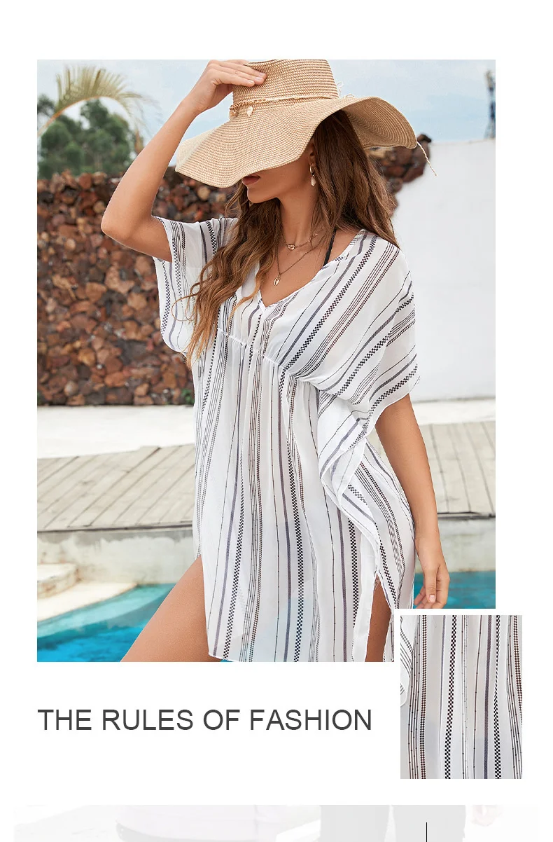 white beach dress long Bikini beach blouse stripe Casual Short Sleeve medium long Chiffon sunscreen seaside cardigan cover bathing suit wrap cover up