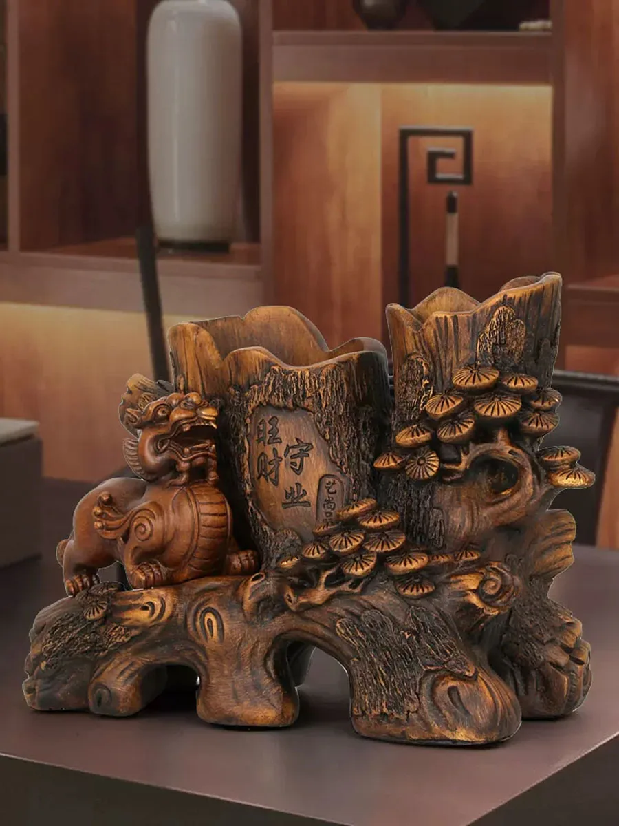 Wangcai Shouye Double Pen Holder, Zhaocai Pixiu Decoration, Office Desktop Decoration, Practical Craft