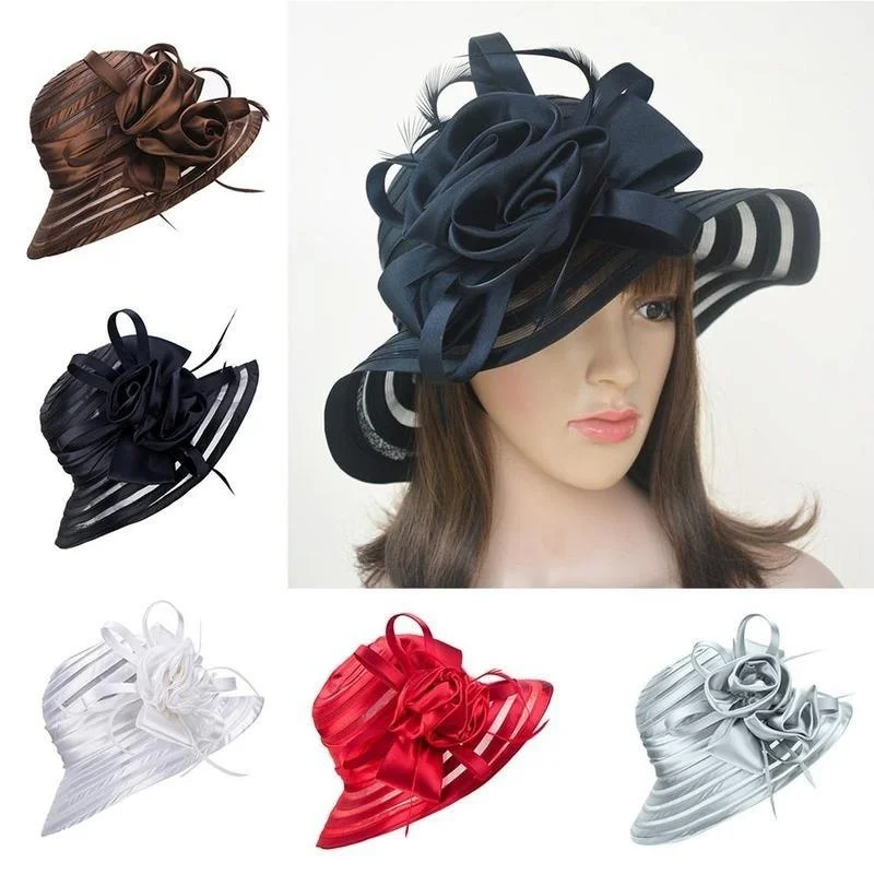 

Women Dress Church Wedding Kentucky Derby Satin Feather Floral Sun Hat