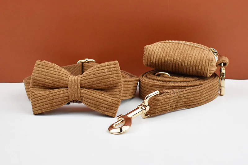 Personalised Corduroy Dog Collar And Leash Set With Nameplate_voghion.com