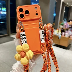 Luxury Floral Crossbody Lanyard Wallet Phone Case Cover - iPhone 15 Pro (Orange)