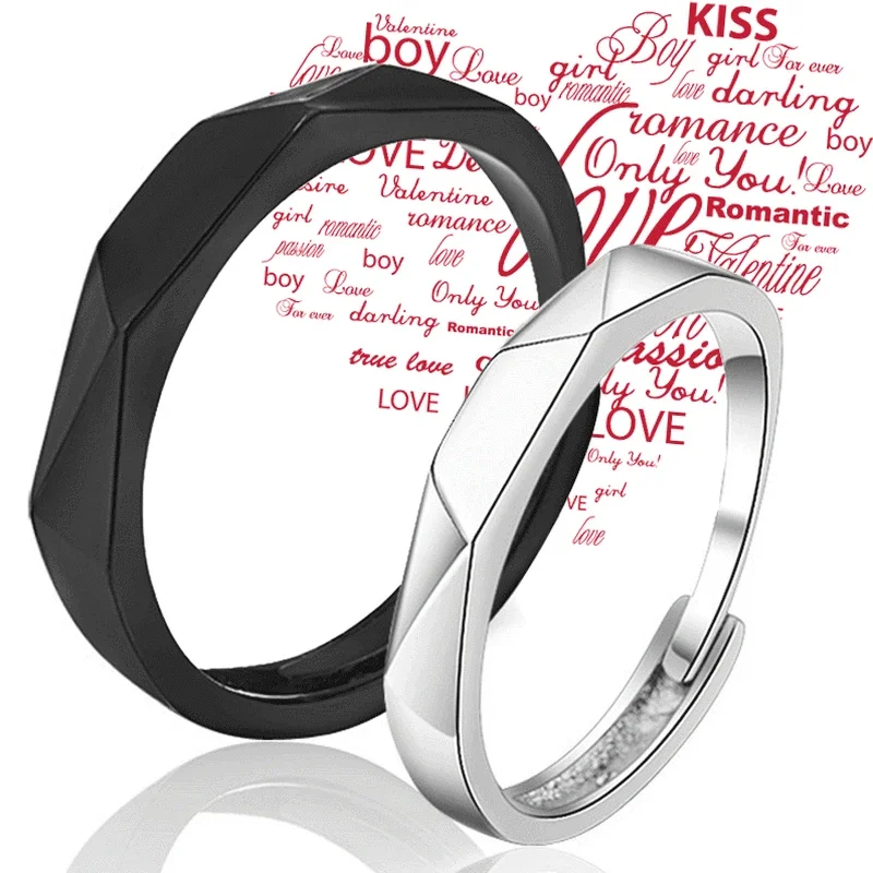 2PCS Black White Lozenge Couple Rings Set Open Adjustable Ring Eachother Lovers Minimalist Ring Gift Wedding Rings Bride Jewlery 2