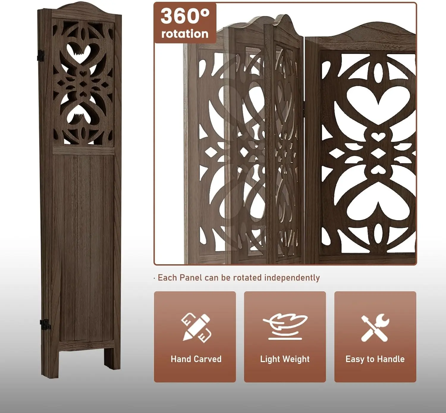 4 Panel Room Divider Fully Assembled, Carved Room Dividers And Folding Screens, 5.6Ft Wood Room Divider Screen Freestanding 6