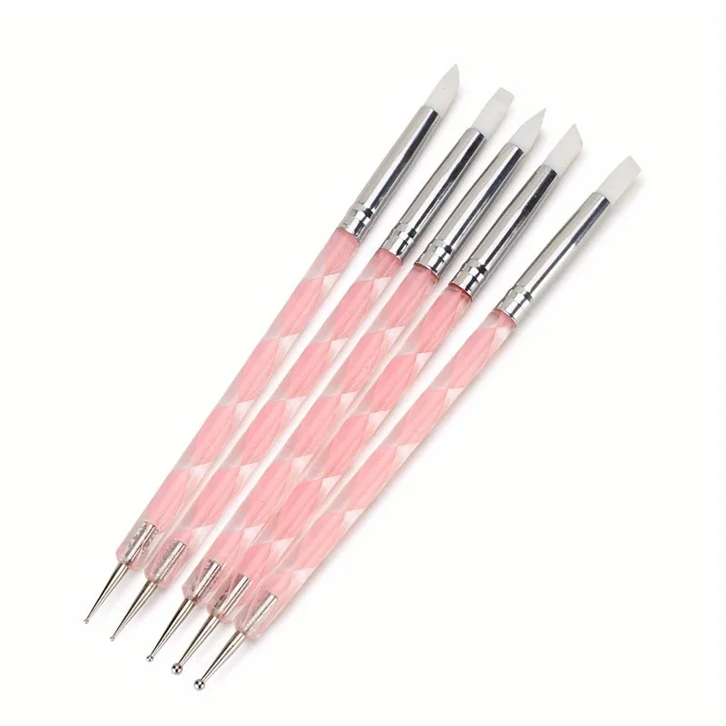 5Pcs 2 Way Nail Art Acrylic Silicone Point Flower Nail Pen Stainless Steel Dotting Tools Marbleizing Painting Pens 6