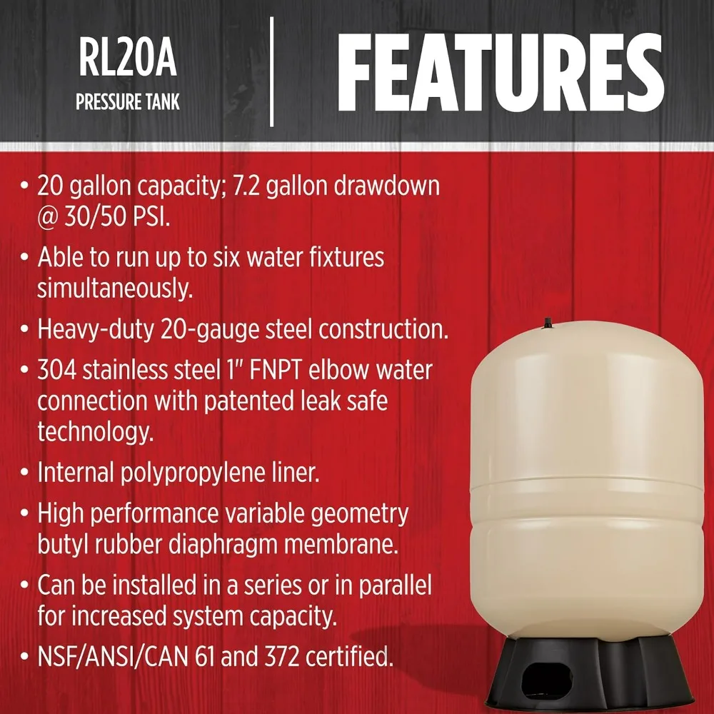 20-Gallon Vertical Pre-Charged Pressure Tank by Red Lion for Well Pumps, Thermoplastic Base, 1-Inch FNPT Elbow System C