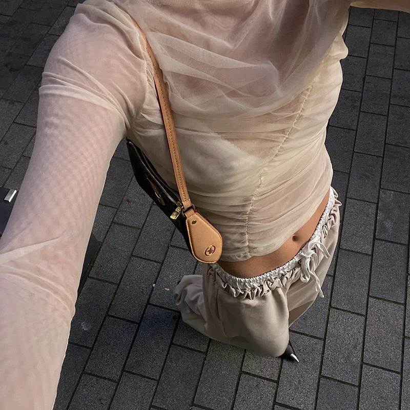 Summer See-Through Mesh T-shirt Top Women Pleated Patchwork See-Through Slim Cropped Top Tee Female Solid T-shirt Pullover