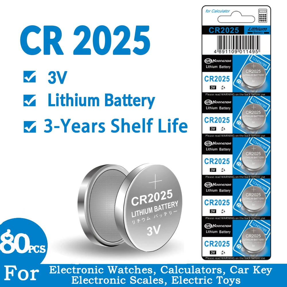 

80pcs CR2025 Battery 160mAh Coin Cells CR 2025 DL2025 BR2025 LM2025 ECR2025 3V Lithium Button Battery For Watch Car Remote Key