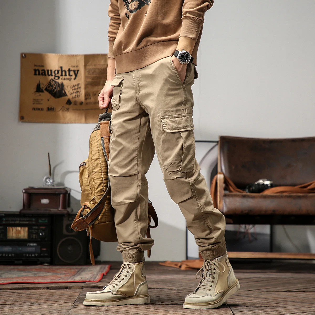 Elmsk Men's Spring and Autumn New Vintage Khaki Workwear Pants with Loose Feet and Large Pockets Trendy Heavyweight Casual Sport elmsk workwear pants for young men on the street harajuku trendy brand loose casual leggings with multiple pockets elastic lar