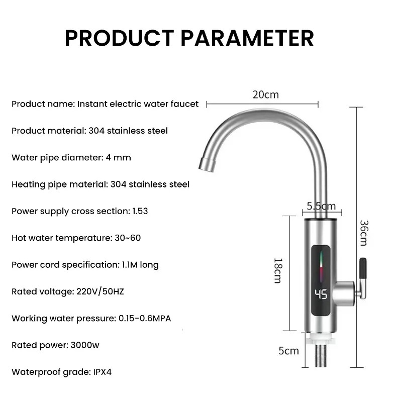 3000W 220V Electric Kitchen Water Heater Tap Instant Hot stainless steel Water Faucet Heater Cold Heating Faucet Water Heater 5