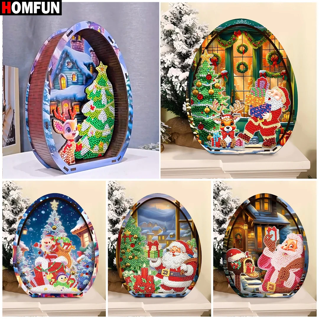 HOMFUN Wooden Christmas Desktop Diamond Art Kits 5D DIY Diamond