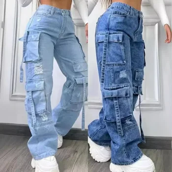 Pantaloni in denim da donna Pantaloni casual multitasche versatili in tinta unita alla moda da donna Denim a vita alta di grandi dimensioni 1