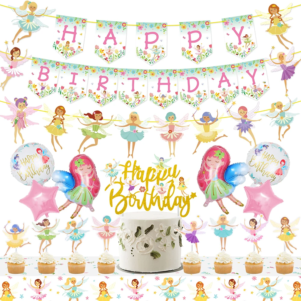 Party Supplies Fairy Birthday Party Decor Banner Cake Topper Foil Balloons Tablecloth