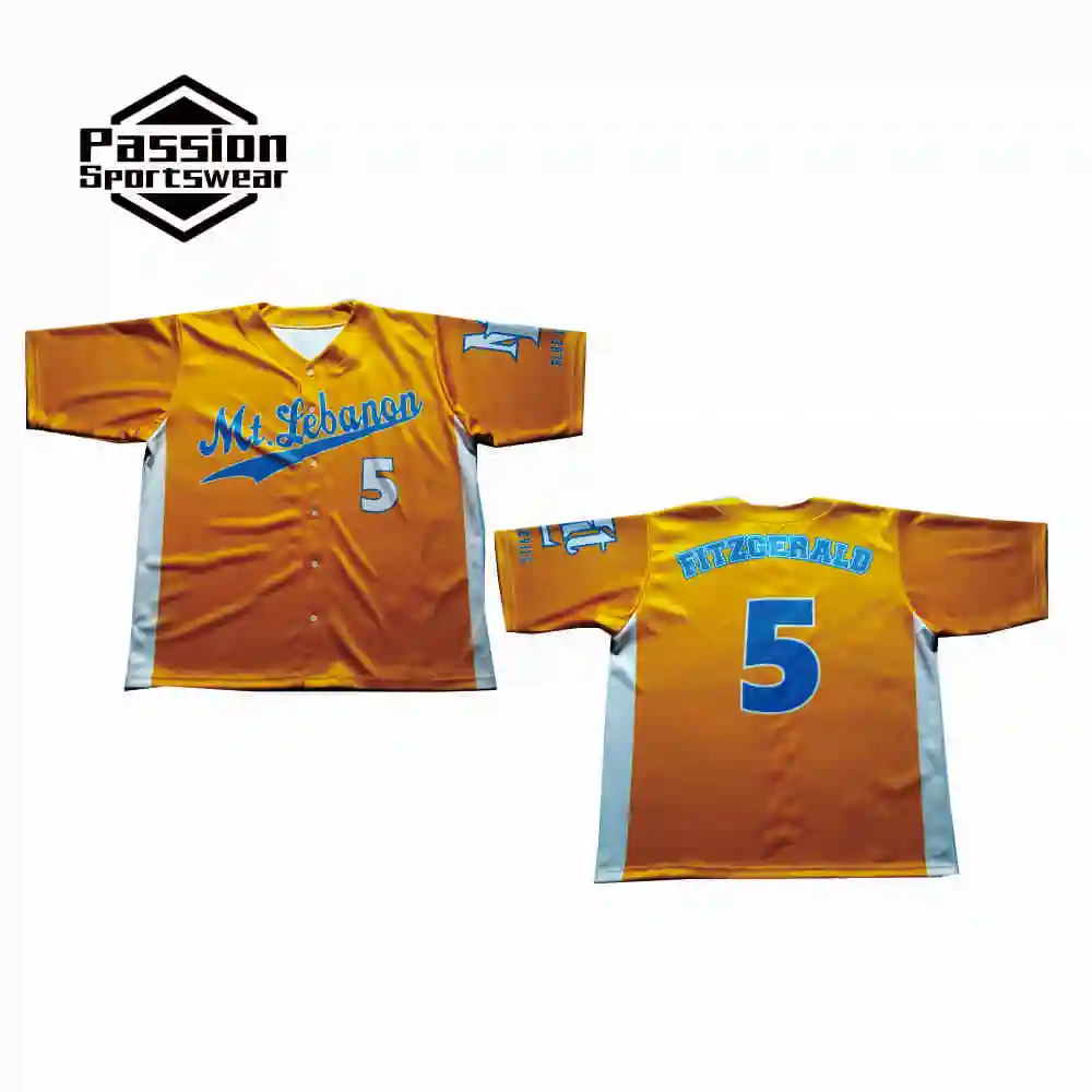 5 PCS Sublimated Team Name Number Printing Sports Uniform Women Men Baseball Jerseys Yellow Personalized Player Name
