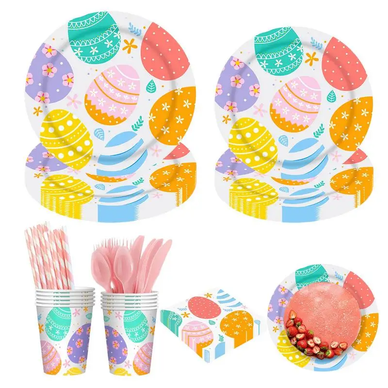 

Easter Tableware Set 90pcs Easter Paper Cup Set Tableware with Straws Napkins Plates Cups Cutlery Spring Birthday Party Decor