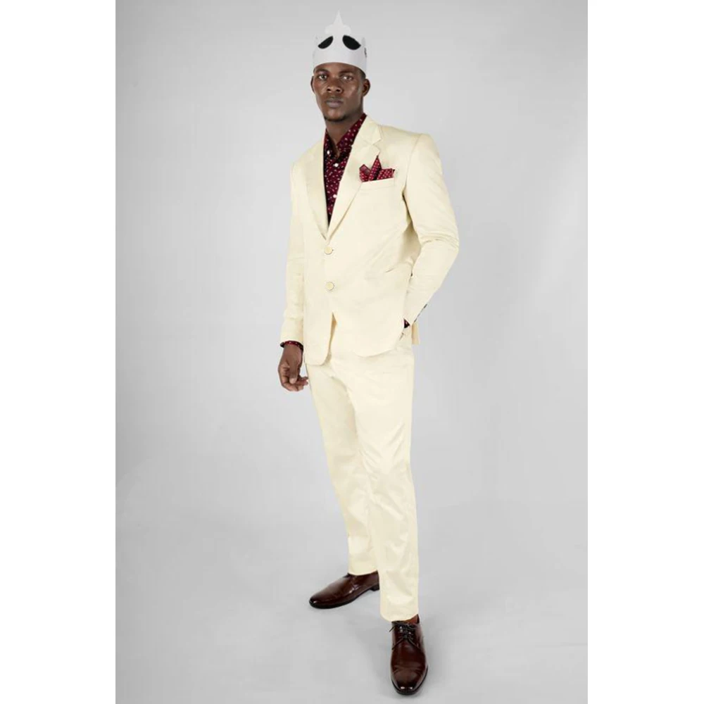 Fashion Chic Beige Men's Suits 2 Piece Jacket Pants Single Breasted Peak Lapel Vestidos De Fiesta Handsome Causal Party Daily