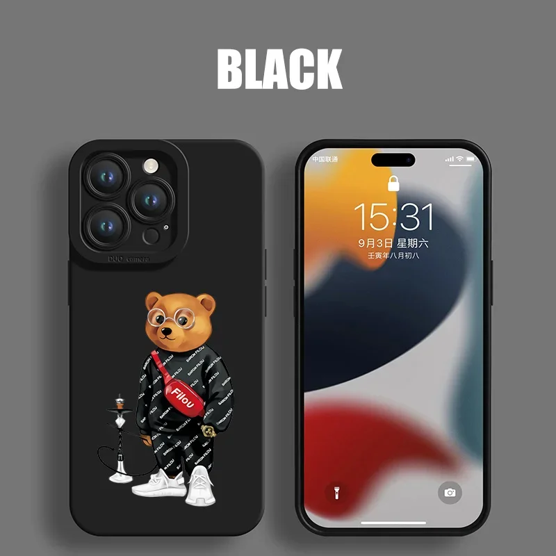 thumbnail image 1 of Highend Black Cartoon Bear Phone Case For iPhone 15 14 13 12 11 Pro Max X XS Max XR Mini 8 7 14 15Plus Matte Soft Silicone Cover, 1 of 5