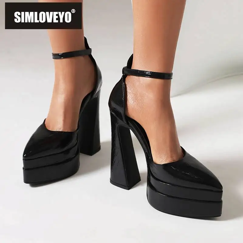 SIMLOVEYO Women Pumps Pointed Toe Chunky Heels Ultrahigh 14cm