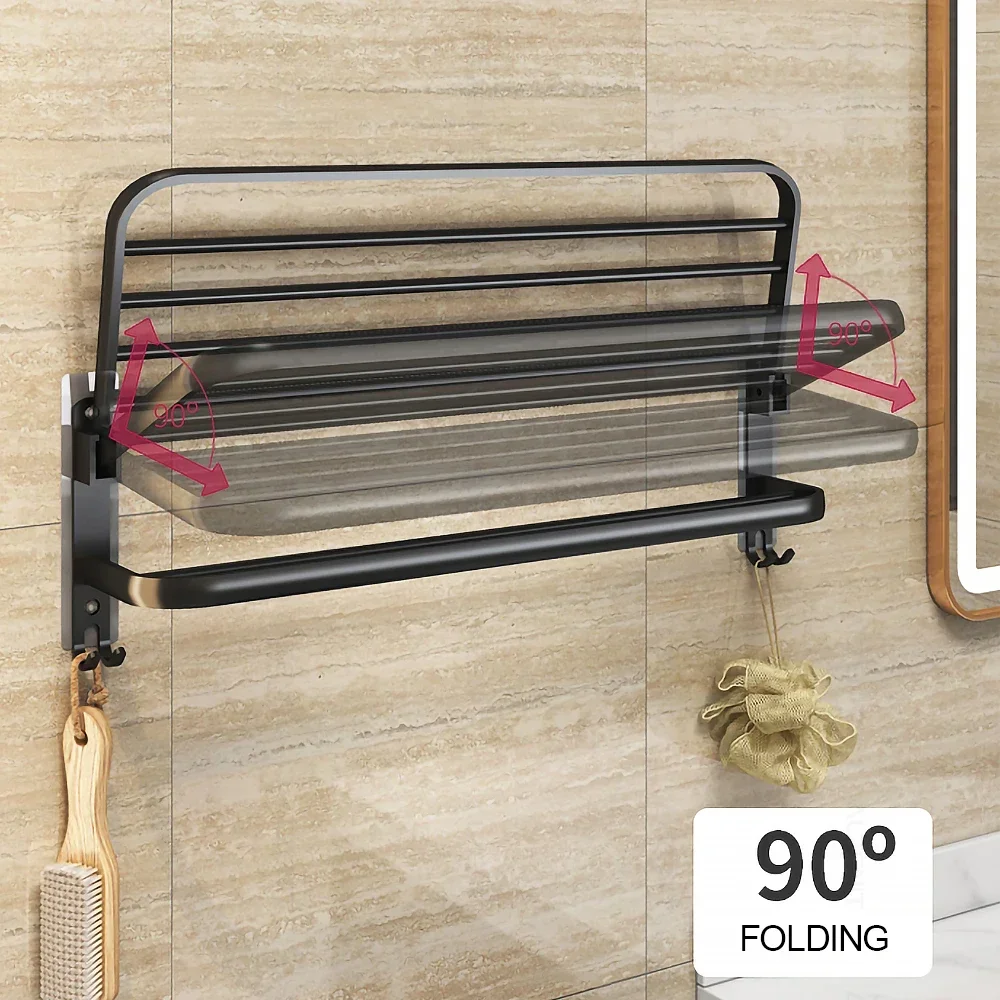Matte Black No Drilling Towel Rack Movable Holder With Hook Wall Mount Shelf Aluminum Shower Hanger Rail Bathroom Accessories towel rack