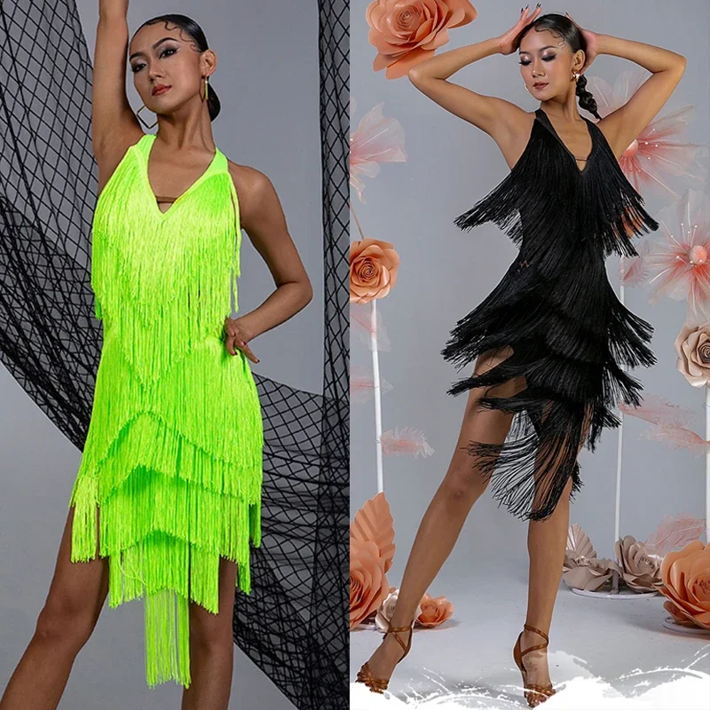 

Fluorescent Green Tassel Latin Dance Dress Women Halter Neck Fringe Dress Adult Competition Dress Cha Cha Samba Costume DNV17498